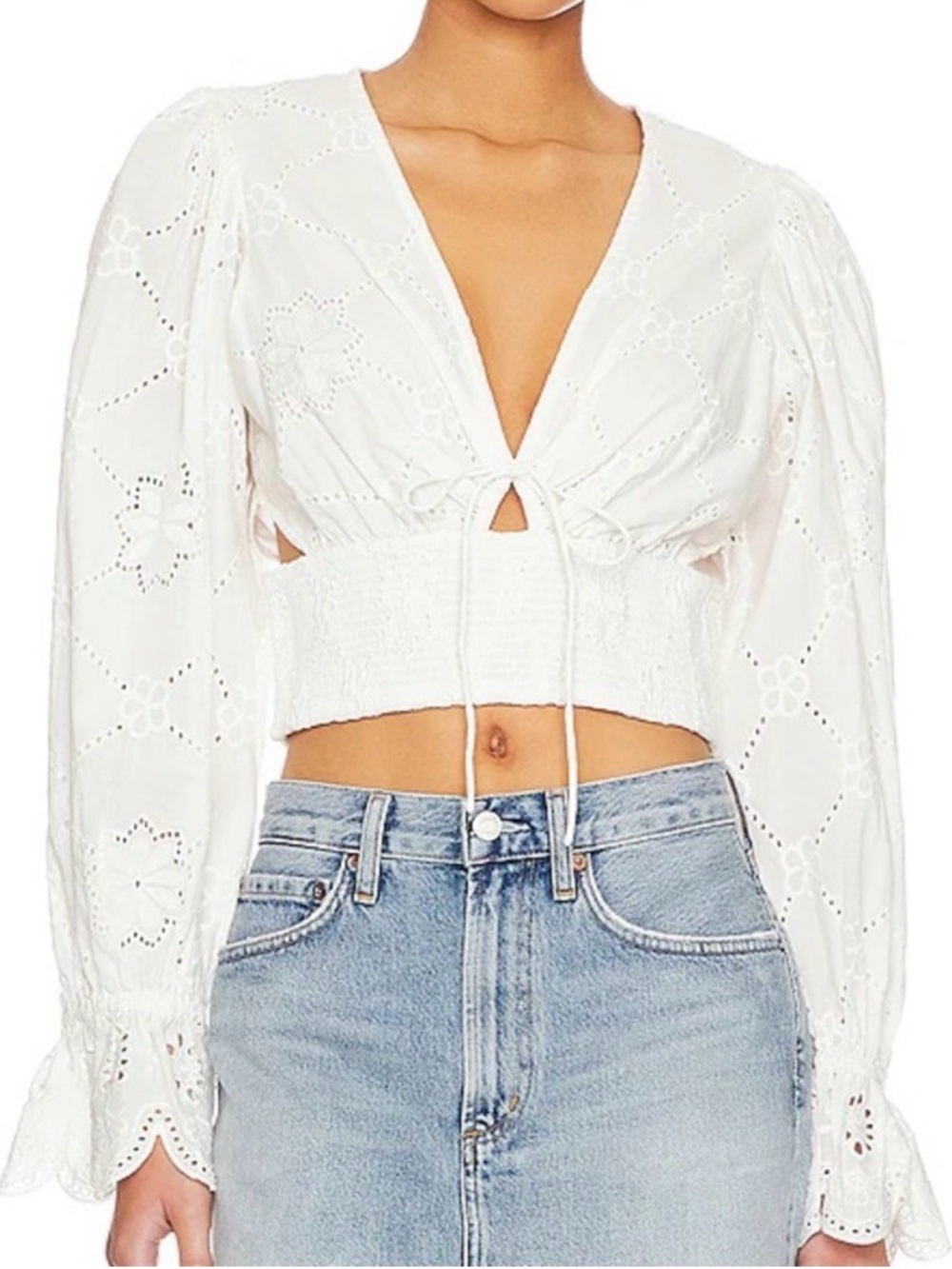Cleobella White Eyelet Tie-Front Smocked Crop Top